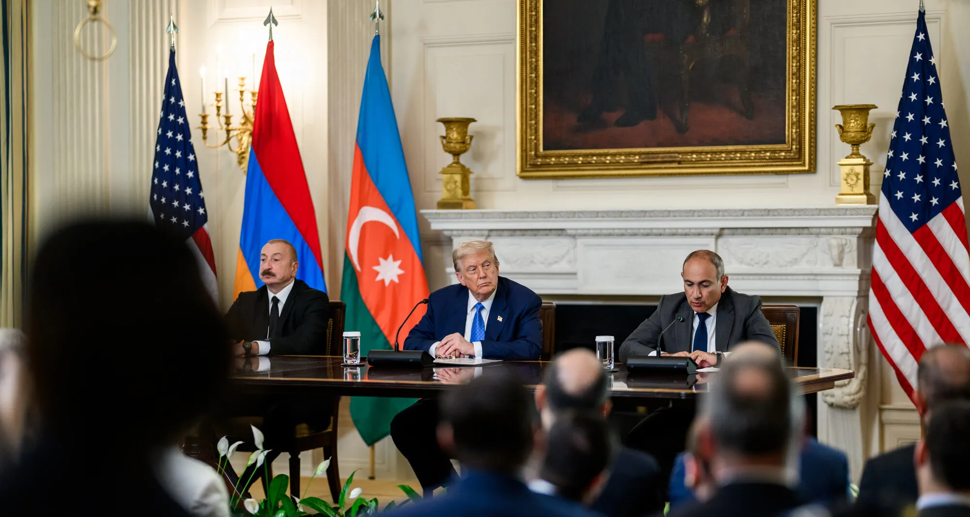 Ilham Aliyev, Donald Trump and Nikol Pashinyan during the signing of the trilateral joint declaration at the White House, August 8, 2025. Photo: The White House. Licence: public domain (image cropped and resized). Source: Wikimedia Commons